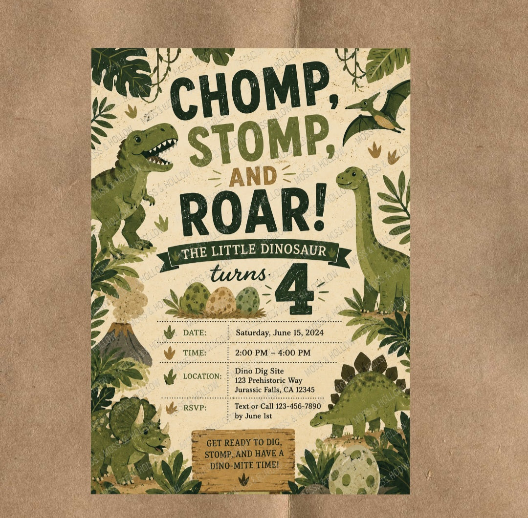 Custom Dinosaur Birthday Invitation | Chomp Stomp & Roar Party Invite