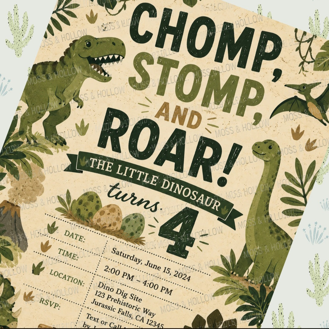 Custom Dinosaur Birthday Invitation | Chomp Stomp & Roar Party Invite